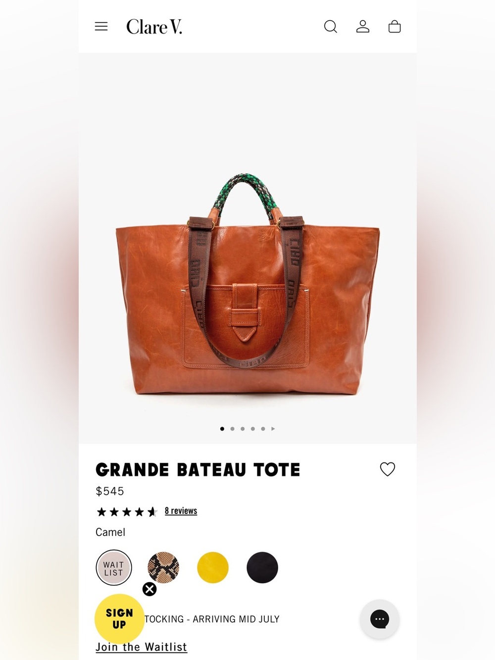 NWT Clare V. Grande Bateau Tote, Camel